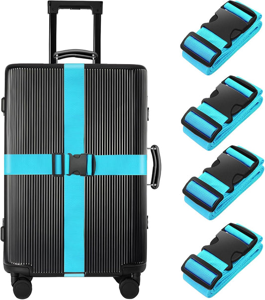 BILIONE 4 Pack Luggage Straps 79" Long Belts Keep Suitcase Secure While Traveling, TSA Approved Add a Bag Premium Accessory for Travel Bag Closure (4 Pcs Blue)