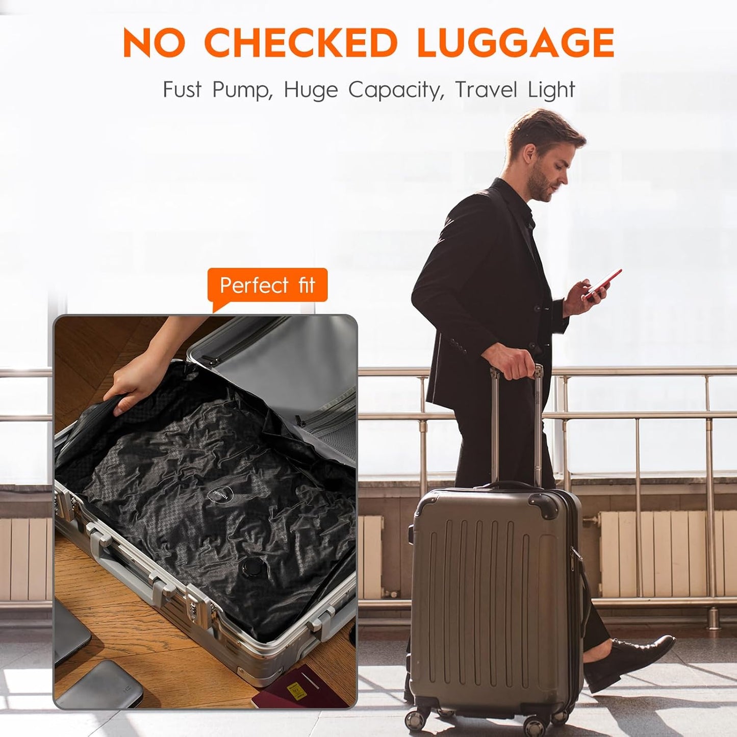 Vacuum Bags with Wireless Pump– Space Saver Compression Bags for Luggage, No Checked Baggage, Triple Your Luggage Space, IP68, Reusable, Fits 20/24/28 Inch Suitcase (2PC No Tracker)