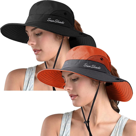 ZOORON Women's Ponytail Safari Sun Hat,Wide Brim UV Protection Outdoor Bucket Hat,Foldable Beach Summer Fishing Hat