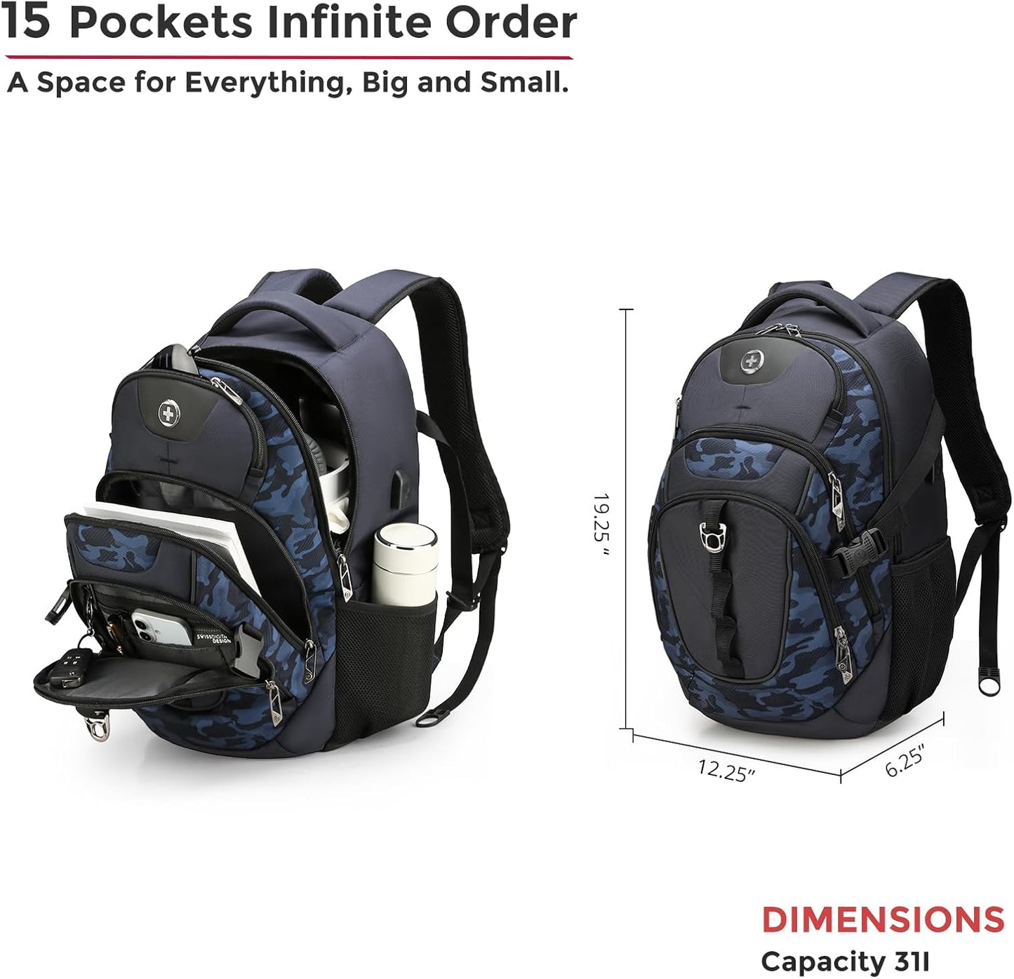 Swissdigital Design Laptop Backpack with USB Charging Port, TSA Travel Backpack Fits 15.6 inches Computer, 31L College School Backpack for Men, Blue Camo | SD803
