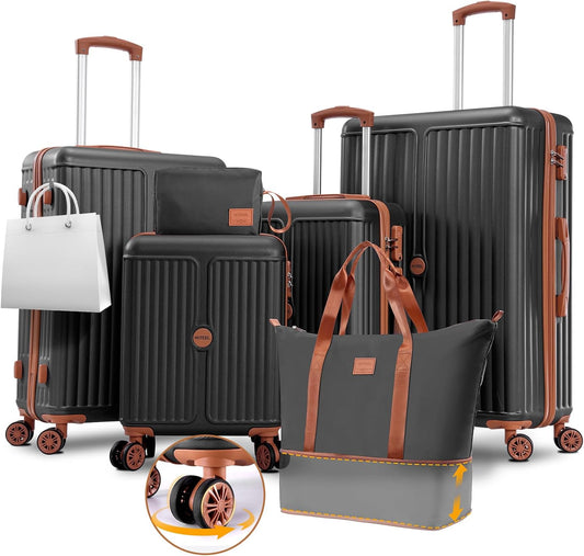 Hoteel 6 Piece Luggage Set with Spinner Wheels (4-YEAR WARRANTY), Carry on Luggage for Travel with TSA Lock, ABS+PC Hardshell Suitcase Set, 16"/20"/24"/28"+Duffel Bag+Cosmetic Bag(Black)