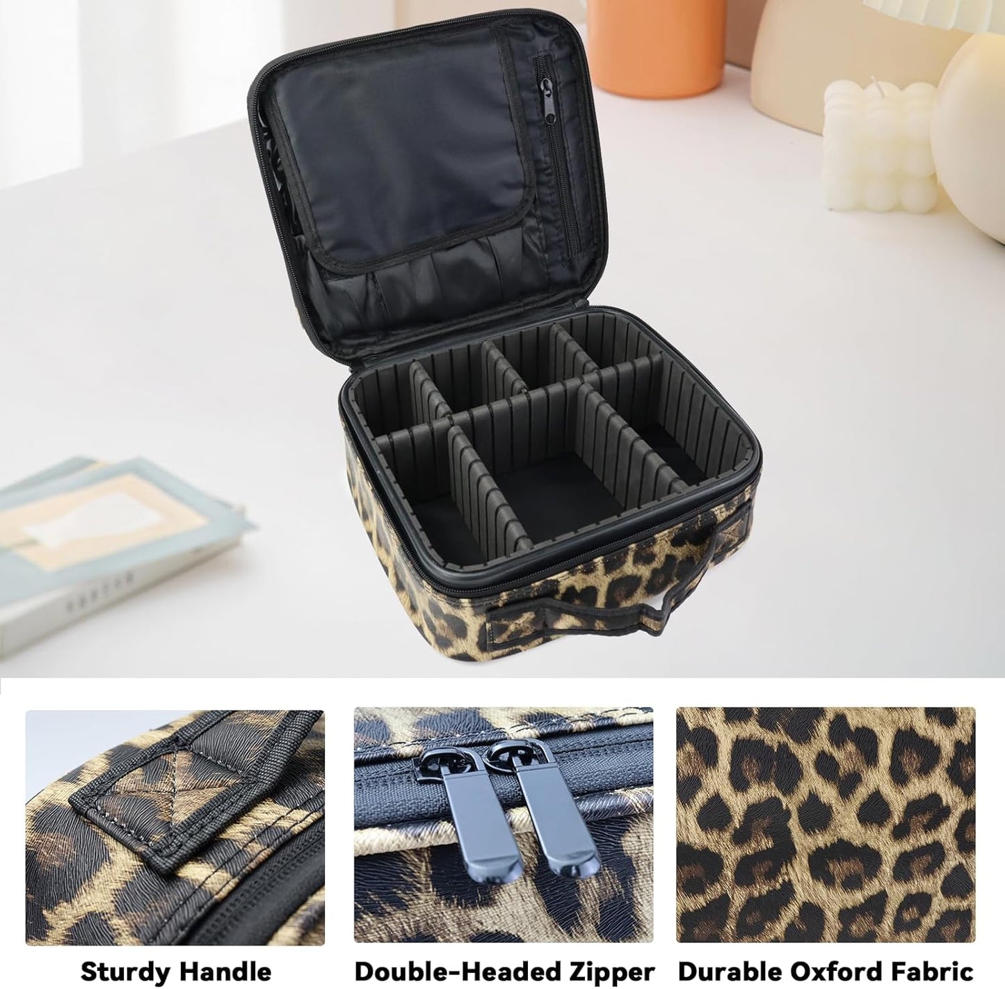 Travel Makeup Bag Makeup Cosmetic Train Case Organizer Portable Storage Bag with Adjustable Dividers for Cosmetics Makeup Brushes Toiletry Jewelry Leopard