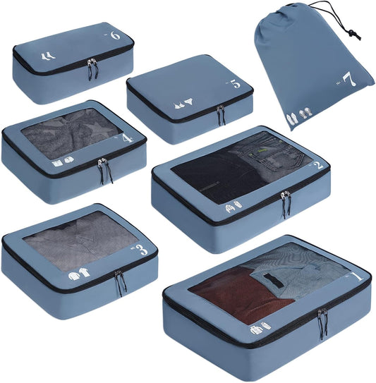 ECOHUB 7 Set Packing Cubes Tear-Resistant Luggage Packing Organizers with Number Icon for Travel Accessories Luggage Suitcase Machine Washable Packing Cubes (Blue)