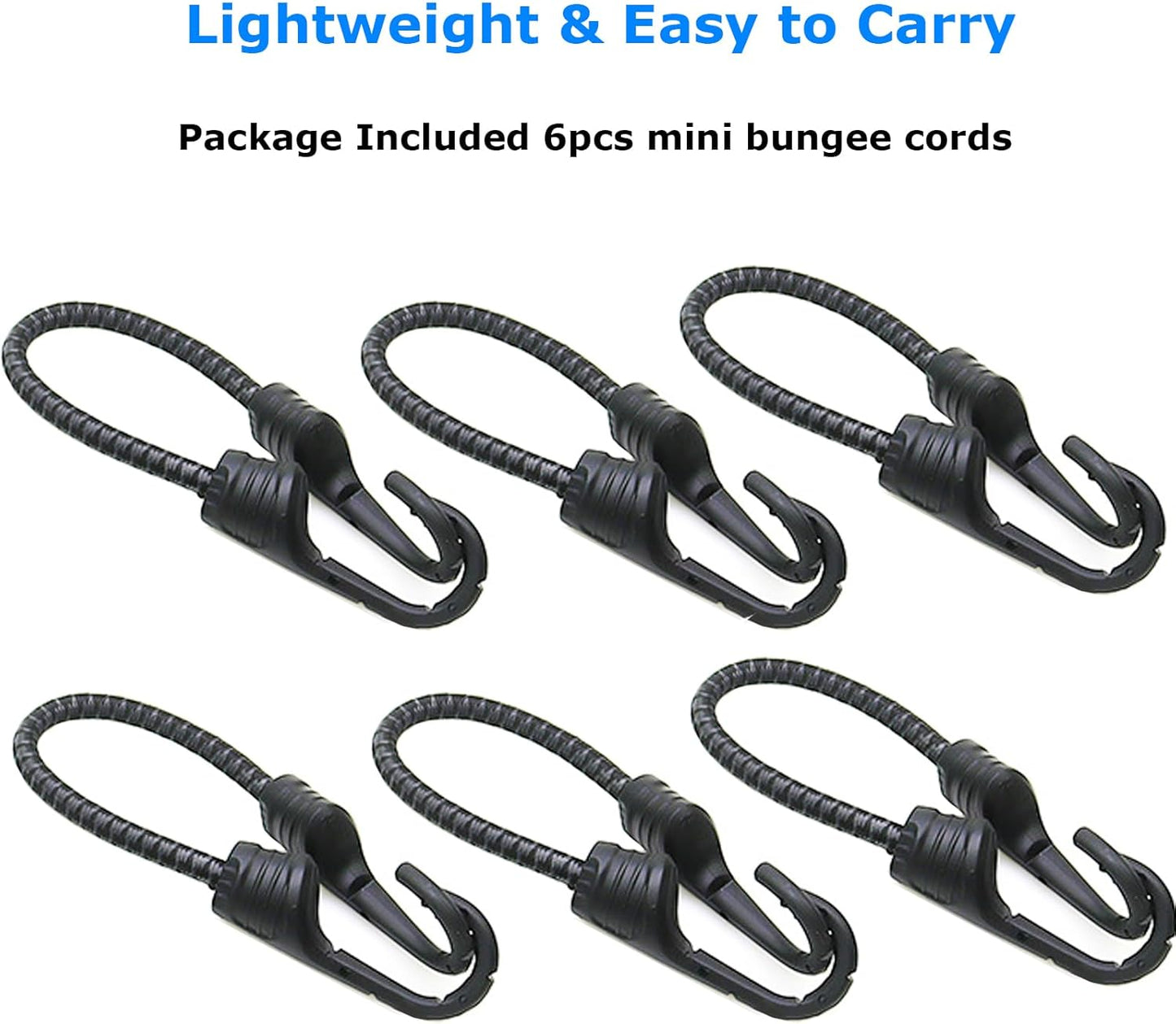 Bungee Cords with Dual Hooks, 12inch 6Pack Mini Bungee Straps 1/3 Inch Strong Elastic Rope Securing Tie Down for Camping,Tarps, Luggage,Bike Rack, Tent