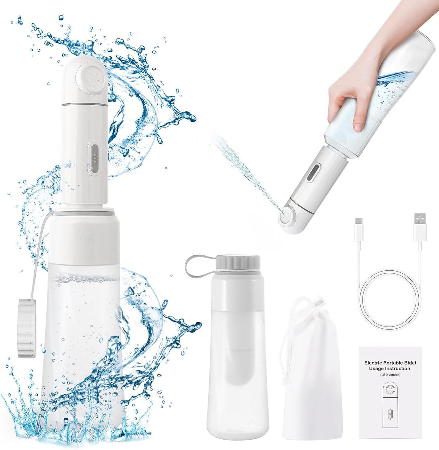 Portable Electric Travel Bidet, 450ML Electric Sprayer Bidet with Built-in Body for Easy Storage, Two Pressure Modes for Personal Hygiene Cleaning for Women and Men, White