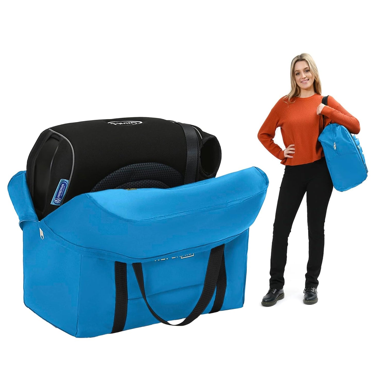 Reperkid Booster Seat Travel Bag for Airplane, Blue, 17" H x 16.5" W x 9.5" D, Compatible with Gb Pockit Stroller and Most Boosters– Premium Waterproof Cover, Hand Bag Design, Durable Zipper