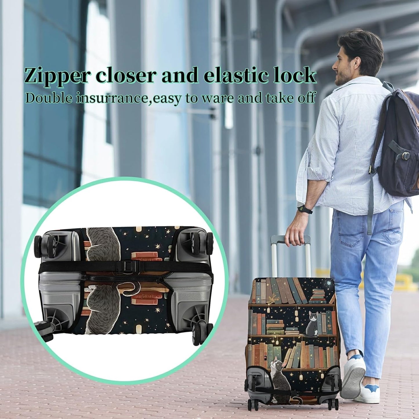 Luggage Cover + Tag, Cat Library Travel Suitcase Protector for 30 inch Luggage (XL) with Concealed Zipper, Washable Elastic Cloth, Dustproof, Anti-Scratch