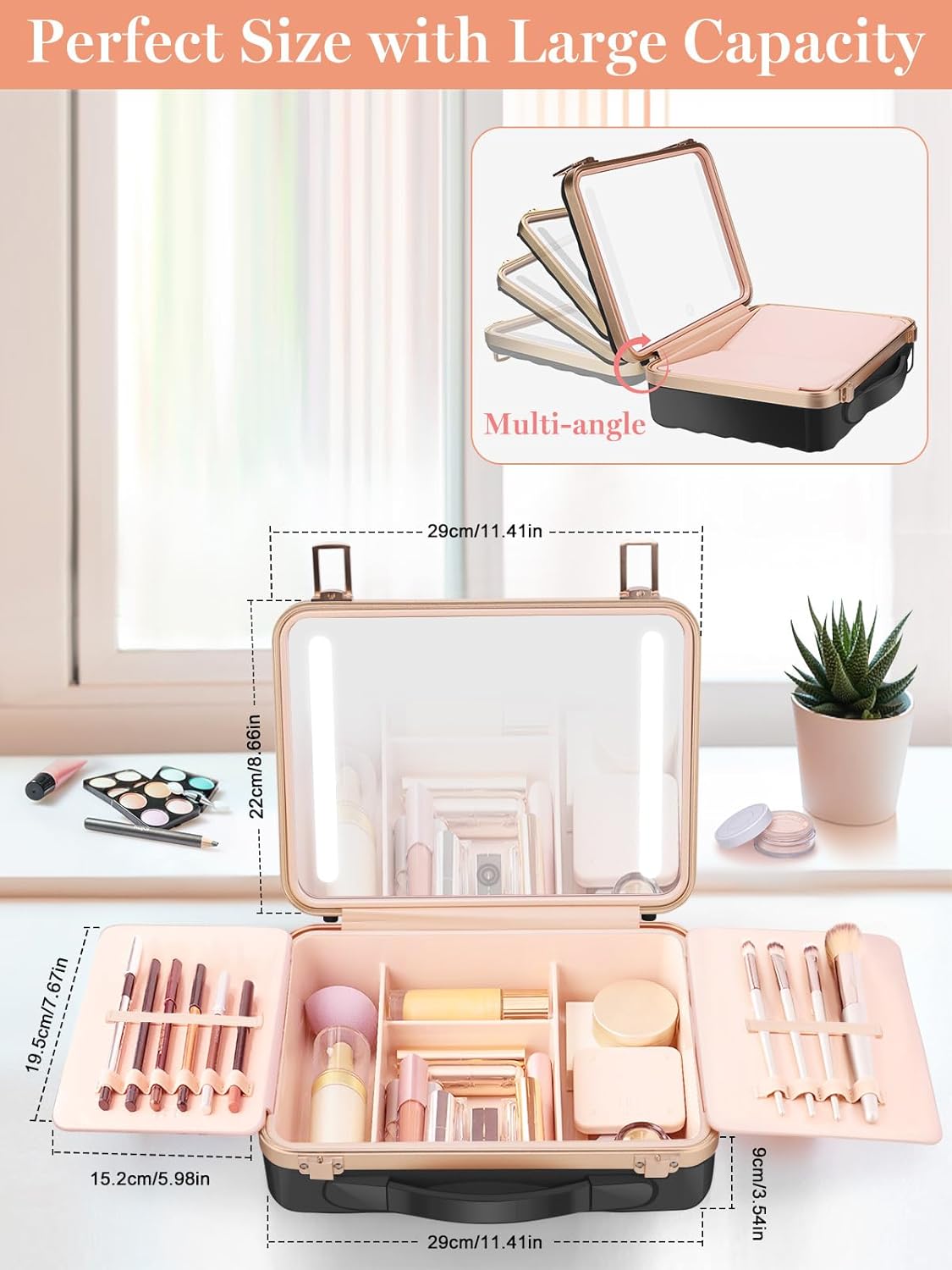 Kalolary Travel Makeup Train Cases with Lighted Mirror 3 Color Setting, Makeup Bag Cosmetic Case Organizer Adjustable Brightness Portable Makeup Storage Box For Makeup Brushes Accessories Tools,Black