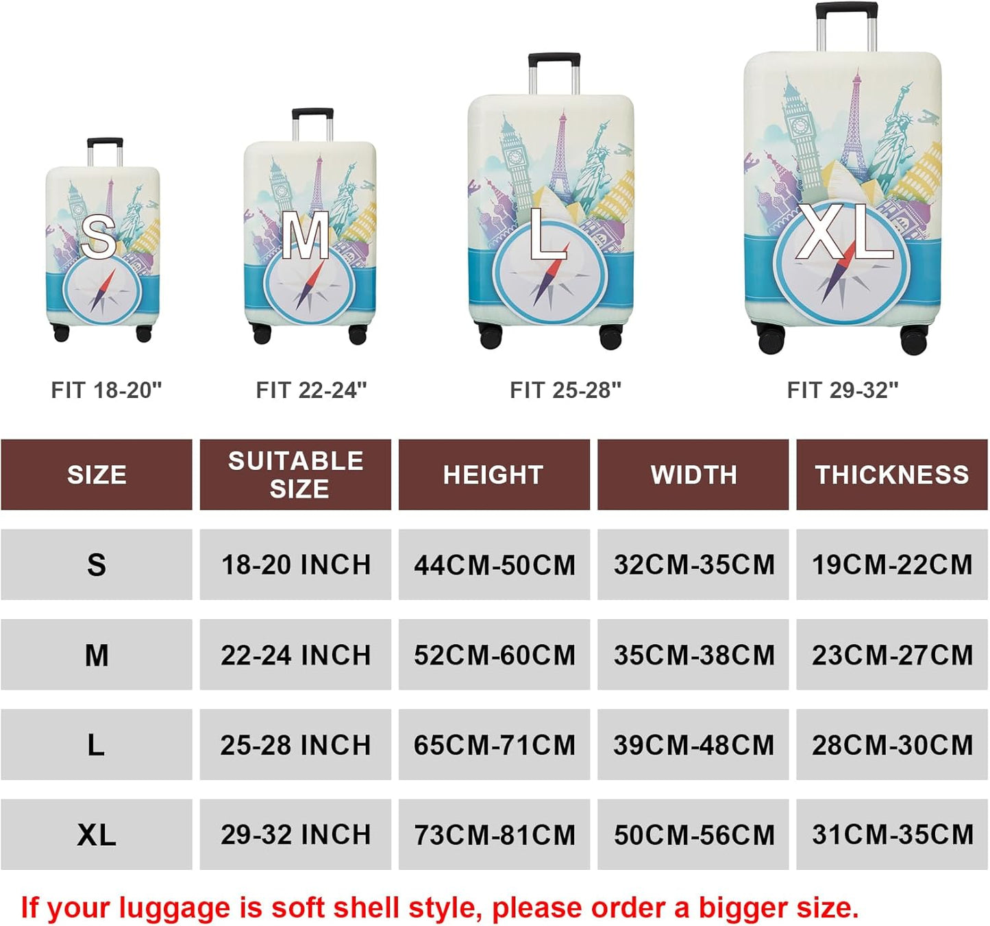 WUJIAONIAO Travel Luggage Cover Baggage Suitcase Cover Protector Skins 18-32 Inch (compass, M (for 22-24 inch luggage))