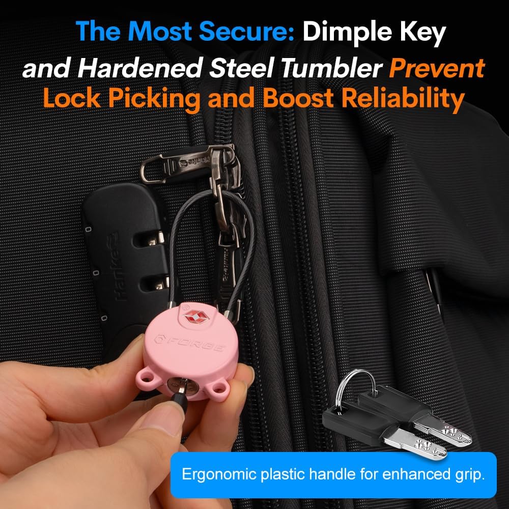 Forge TSA Approved Luggage Locks Ultra-Secure Dimple Key Cable Locks for Travel with Zinc Alloy Body- 2 Pink Locks