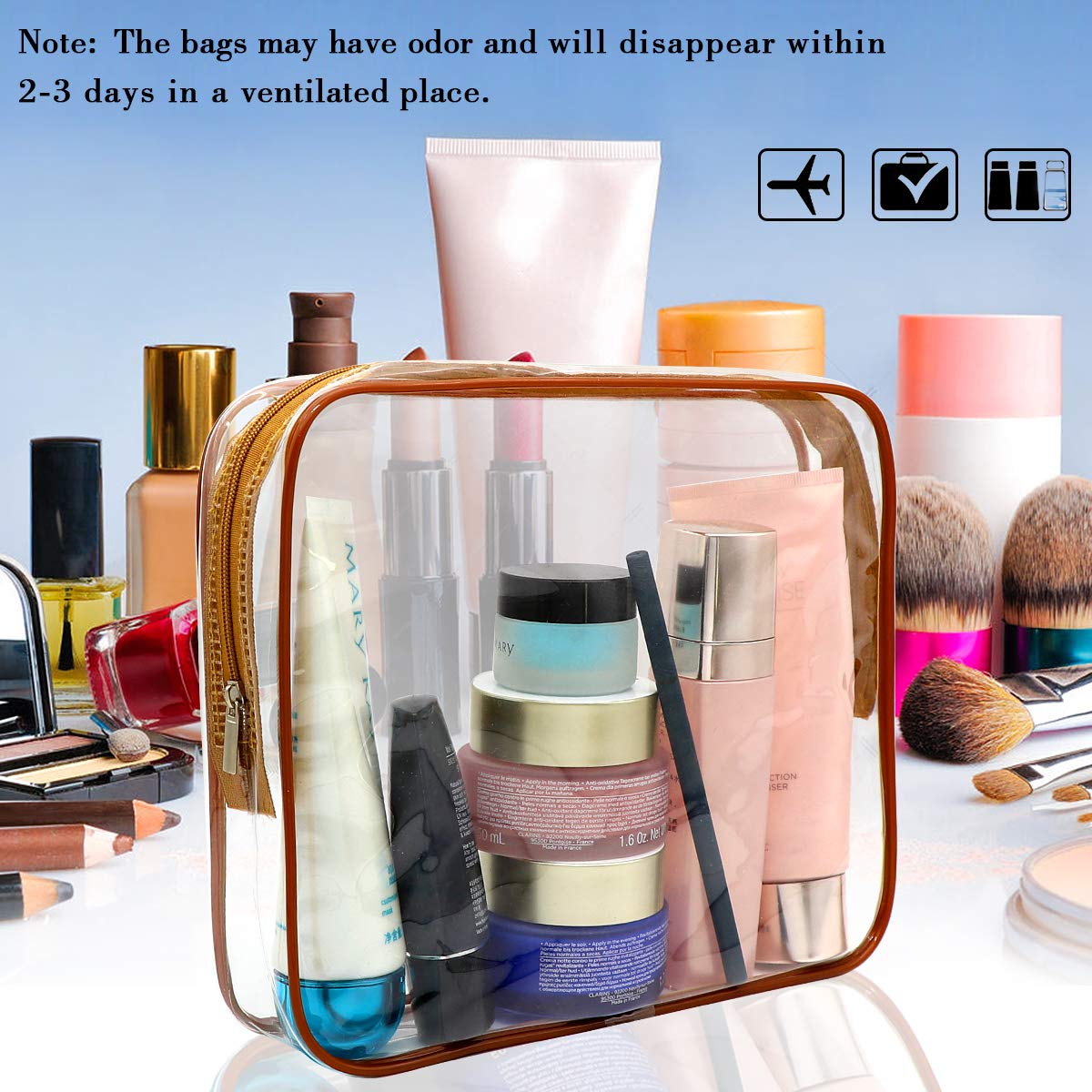 APREUTY Clear Makeup Bags, TSA Approved 6Pcs Cosmetic Makeup Bags Set Clear PVC w/Zipper Handle Portable Travel Luggage Pouch Airport Airline Bags Bathroom (Coffee)
