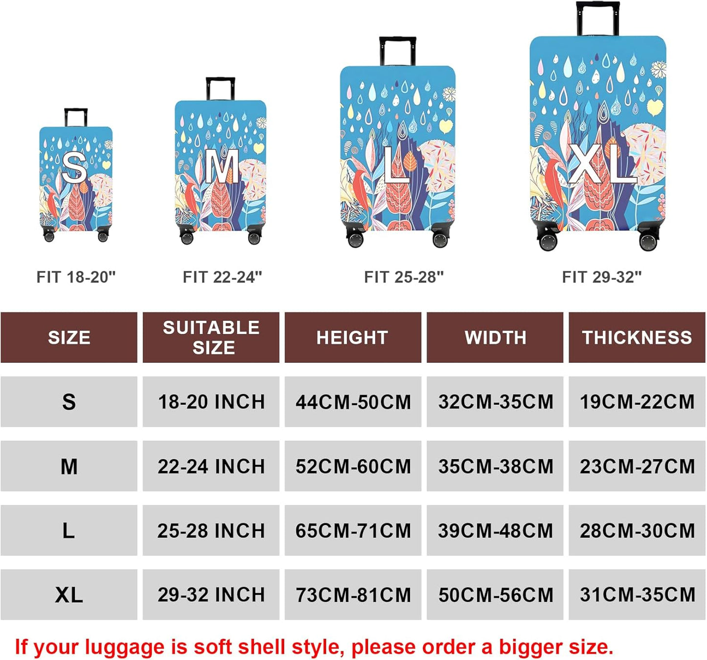 WUJIAONIAO Travel Luggage Cover Baggage Suitcase Cover Protector Skins 18-32 Inch (rainy season, M (for 22-24 inch luggage))