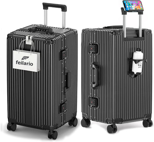 feilario 29in Super Large Captain Aluminum Frame Hardside Spinner Wheels Luggage, Removable Wheels Zipperless Checked Suitcase with Cup Holder/Phone Holder