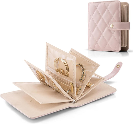 Vlando Travel Jewelry Organizer Case,Travel Gifts for Women,Portable Jewelry Storage Book Ring Binder with Clear Zipper Velvet Jewelry Pouch Bag-Pink