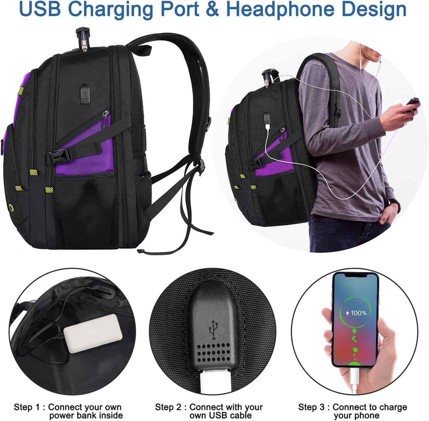 Z-MGKISS 52L Travel Backpack for Women, Large Waterproof Anti-Theft Backpack 17.3 Inch with USB Port, TSA-Approved Daypack, Gifts for Women Teacher Business College, Purple