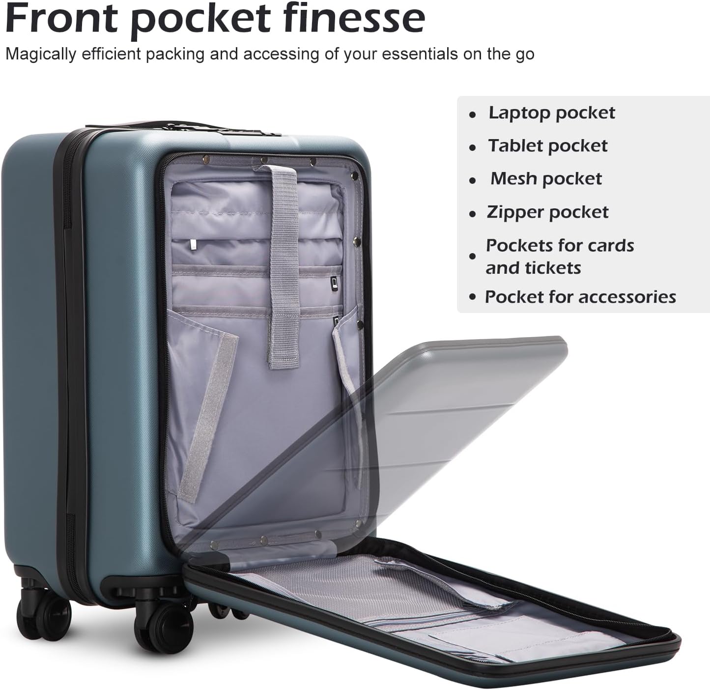 Coolife Luggage Suitcase Piece Carry On ABS+PC Spinner Trolley with pocket Compartmnet(Night navy, 20in(carry on))