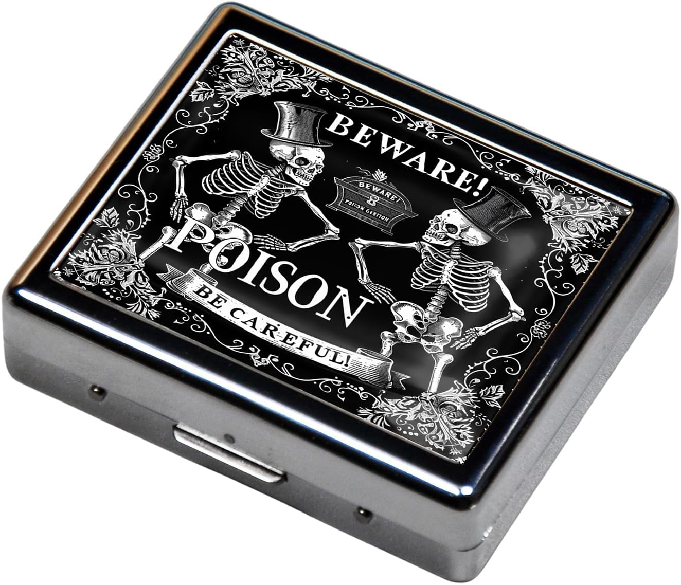 Cute and Portable Metal Pill Organizer – 8 Compartments, Elegant Chrome Finish, Ideal for Travel and Daily Use (Beware Poison Skeletons)