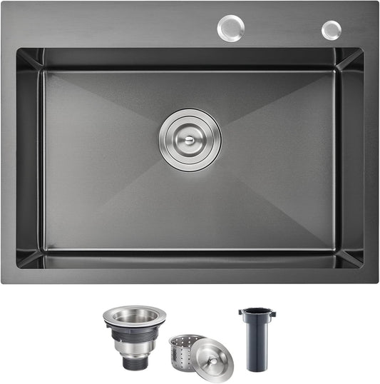 POPFLY 24 Inch Drop In Kitchen Sink, 24×18 Inch Top mount 304 Stainless Steel Bar or Prep Small Single Bowl Sink 18 Gauge Handmade Outdoor Black Rv Sink