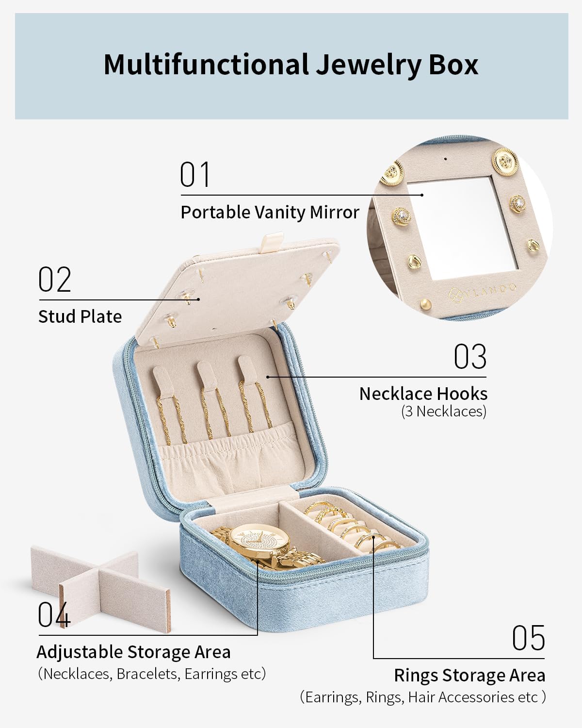 Vlando Travel Jewelry Case for Women Girls, L Initial Travel Jewelry Case, Personalized Mini Jewelry Box, Birthday Gifts for Women Mom Grandma - Letter L, Blue
