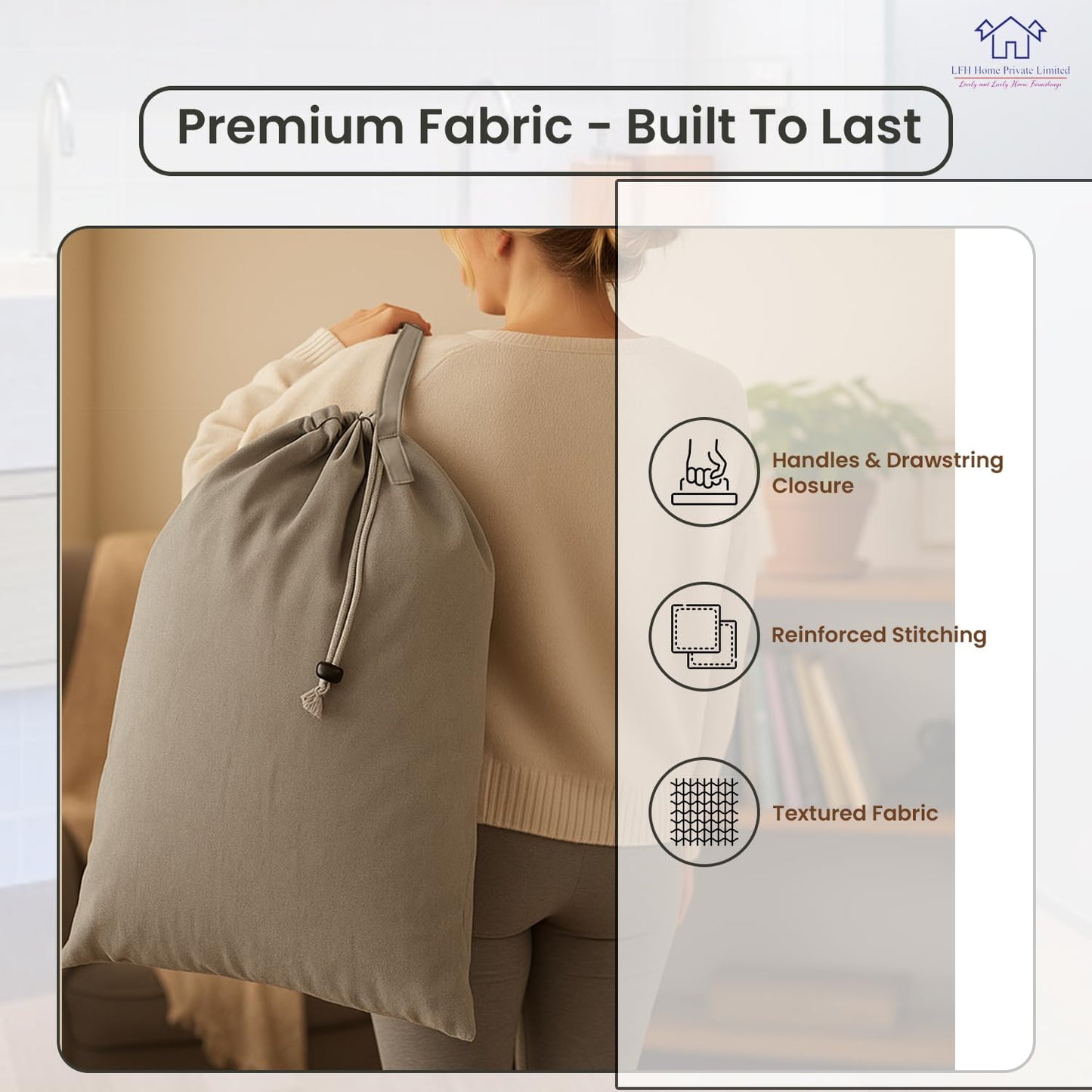 LFH Home Cotton Canvas Large Laundry Bag with Handle, Heavy Duty Drawstring Closure Washable Laundry Bags, School Travel, Home, Hotel, College Dorm, Organizer Sack, Toys Clothes 20x30 (Pack of 6)-Grey