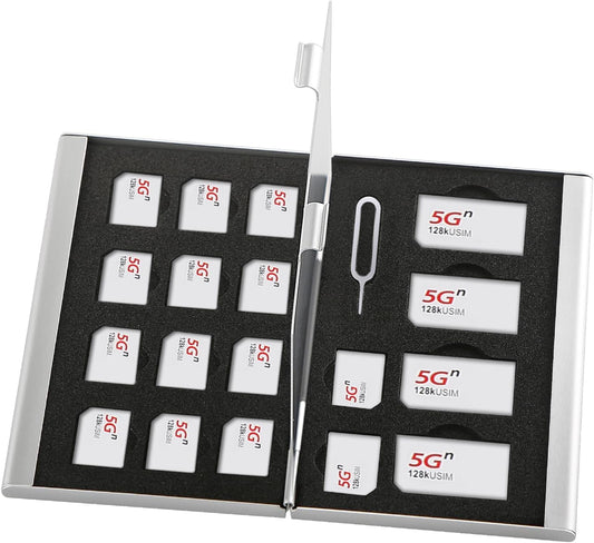 Aluminum SIM Card Case, 19Slots Ultrathin SIM Card Holder, Fit for 4 SIM Card, 14 Micro sim Card and 1 Cell Phone Eject Pin Slots, Silver