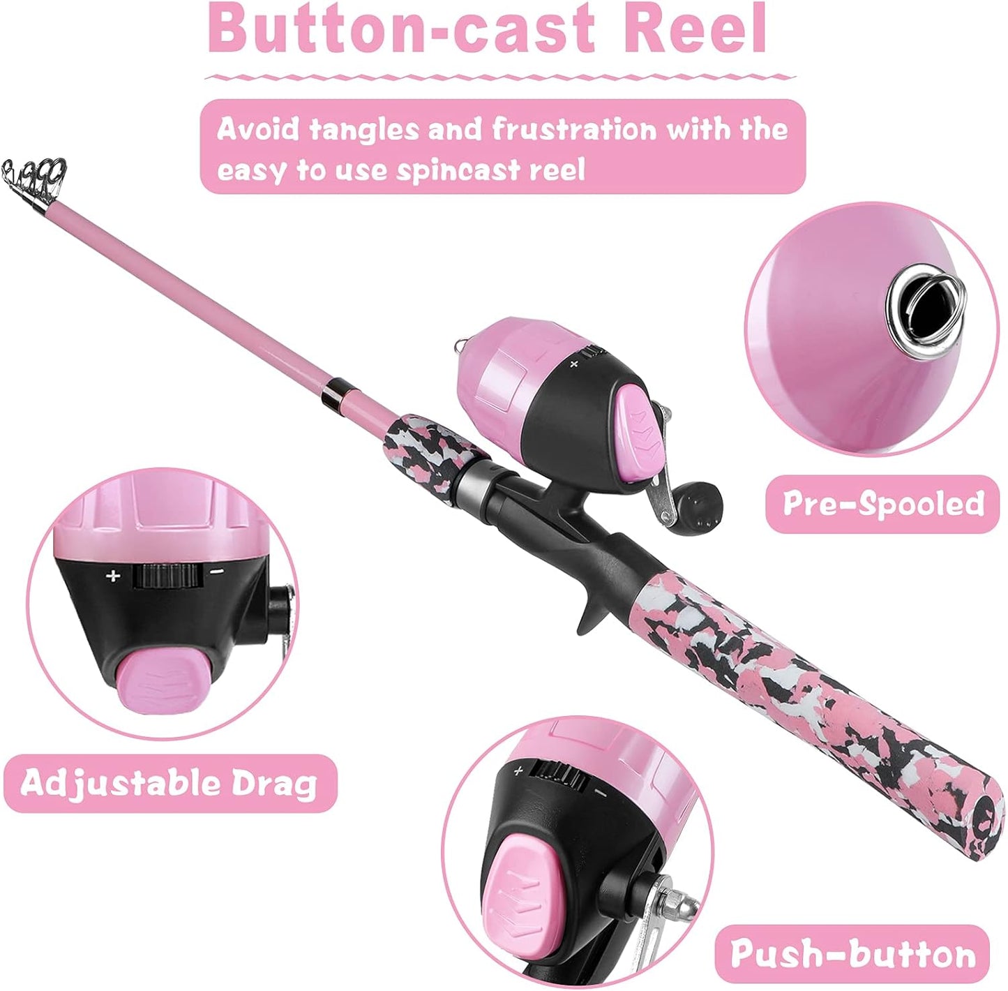 PLUSINNO Kids Fishing Pole with Spincast Reel Telescopic Fishing Rod Combo Full Kits for Boys, Girls, and Adults