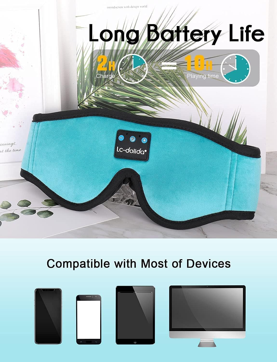 LC-dolida Sleep Headphones, Sleep Mask Bluetooth Wireless Music Eye Mask, Sleeping Headphones for Side Sleepers Sleep Mask with Bluetooth Headphones Ultra-Thin Stereo Speakers Perfect for Sleeping