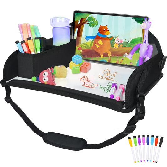 Upgraded Kids Travel Tray for Airplane - Toddler Car Seat Table Tray, Road Trip Essentials for Boys & Girls, Carseat Lap Desk for Kids Road Trip Activities, Black