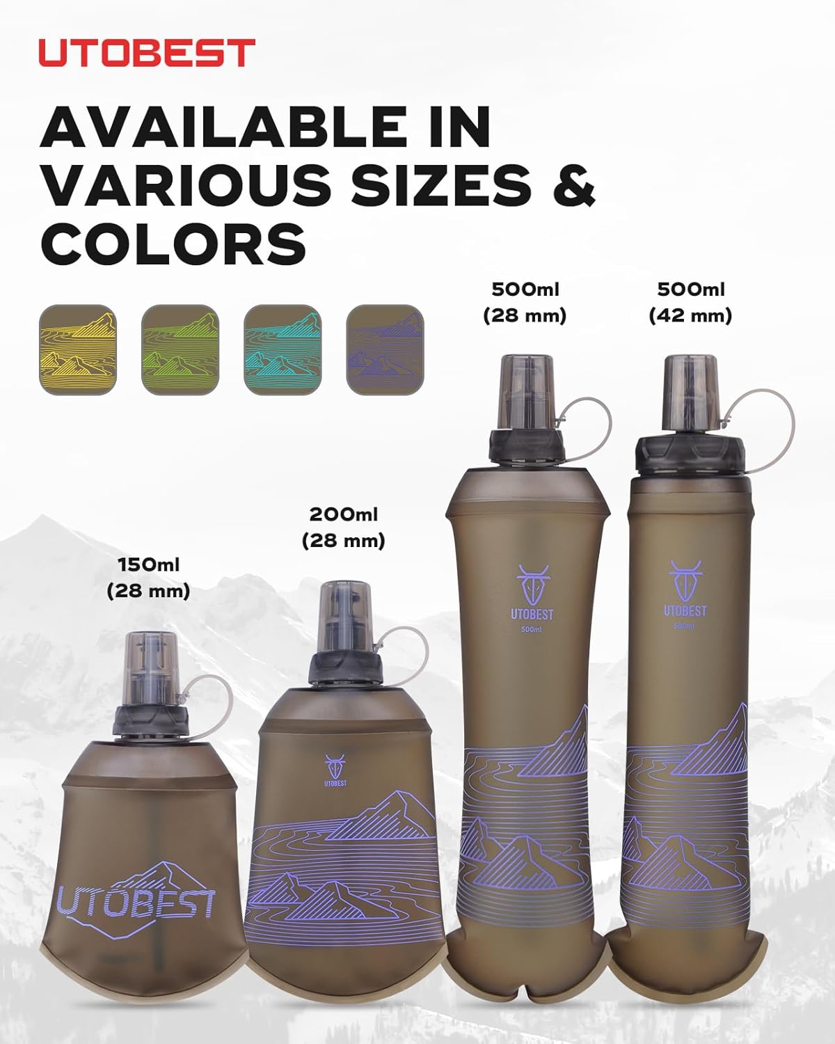 UTOBEST 500ml Soft Flask, 2 Pack Flexible TPU Hydration Water Bottle, Collapsible with 42mm Caliber for Running, Hiking, Cycling, Climbing, and Marathon Purple