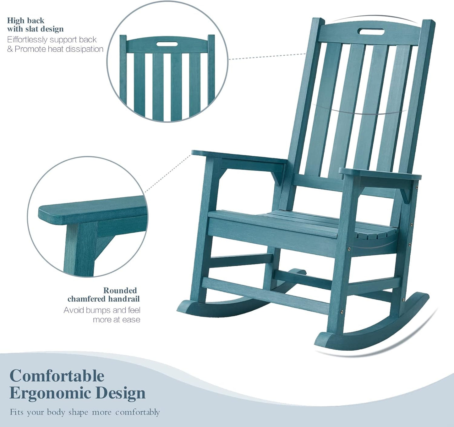 Psilvam Oversized Outdoor Rocking Chair Set of 2, Porch Rocker with 21" Wide Seat and 32" Tall Backrest, Pre-Assembled with Most Components for Effortless Installation (Blue)
