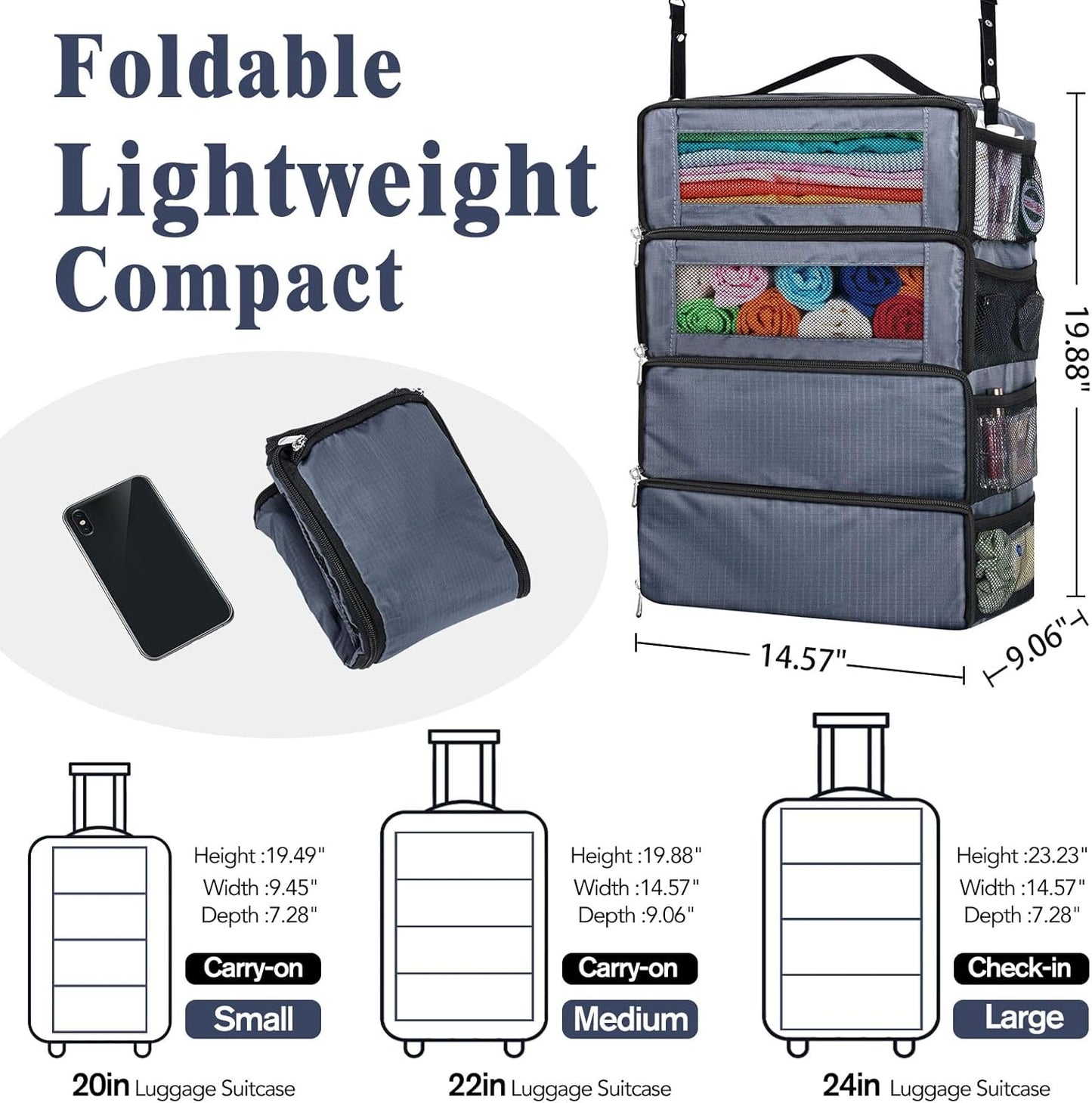 Hanging Travel Organizer, Carry-On Luggage Suitcase Organizer, Portable Travel Shelves Packing Cube for Cruise, Gray