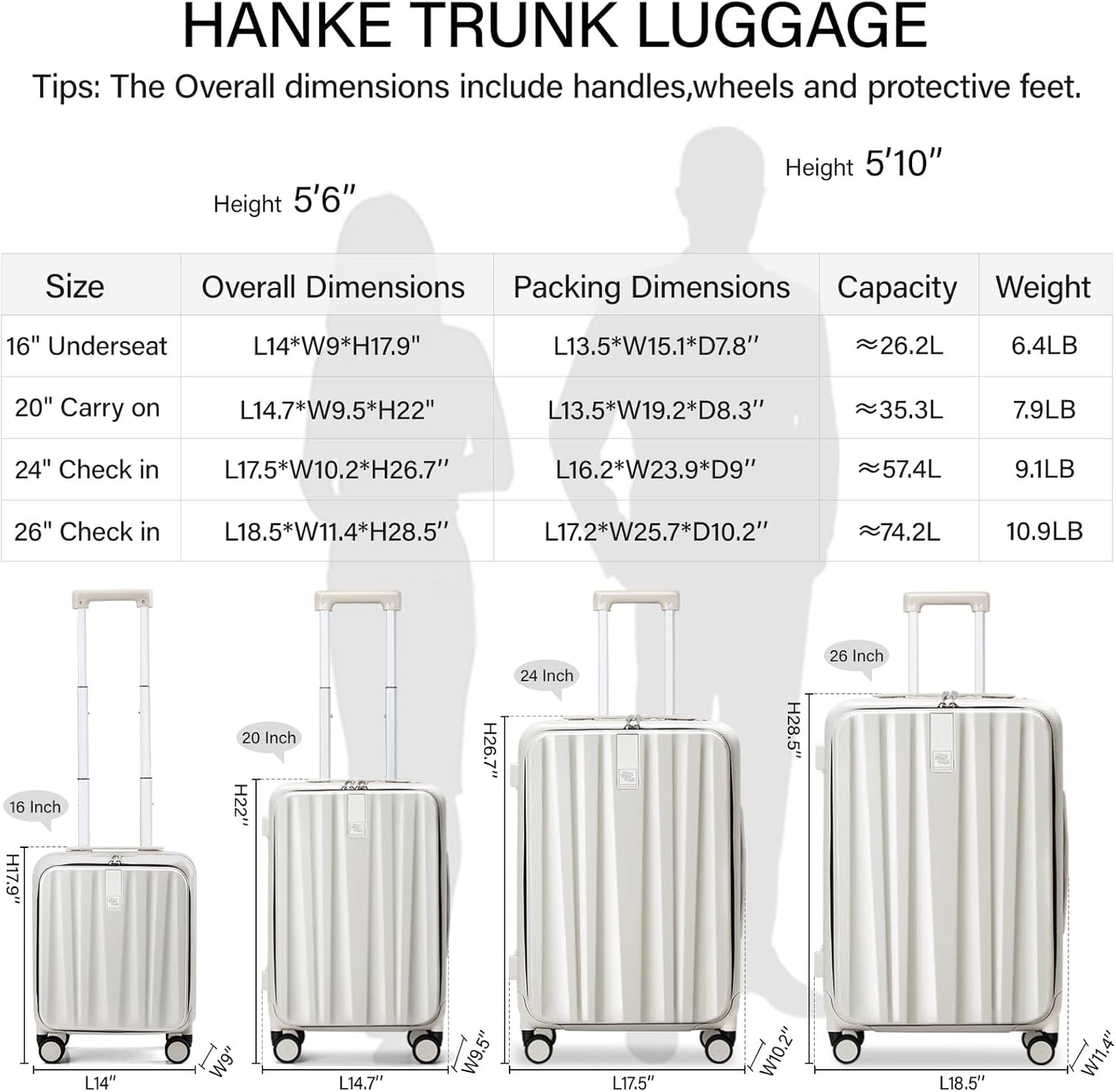 Hanke 26 Inch Large Luggage Suitcase Top Opening Aluminum Frame Travel Luggage Hard Shell Suitcases with Wheels for Woman Men.(Ivory white)