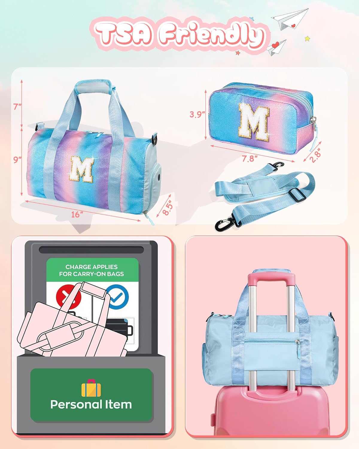 Dance Recital Gifts for Girls-Girl Gym Bag with Shoe Compartment, Kid Personalized Weekender Overnight Bags, Initial Travel Tote with Makeup Pouch, Preppy Things for Kids Girls (Letter E)