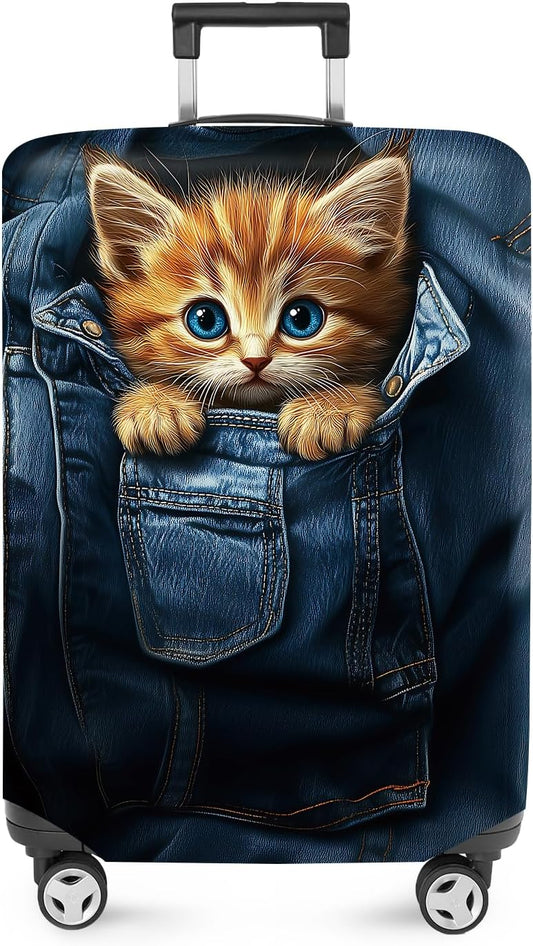 ANNA QUEEN Cute Kitten in Pocket Luggage Cover, Funny Cat Suitcase Protector with Denim Print, Stretchable & Washable Spandex Travel Cover for 24-26 Inch Luggage