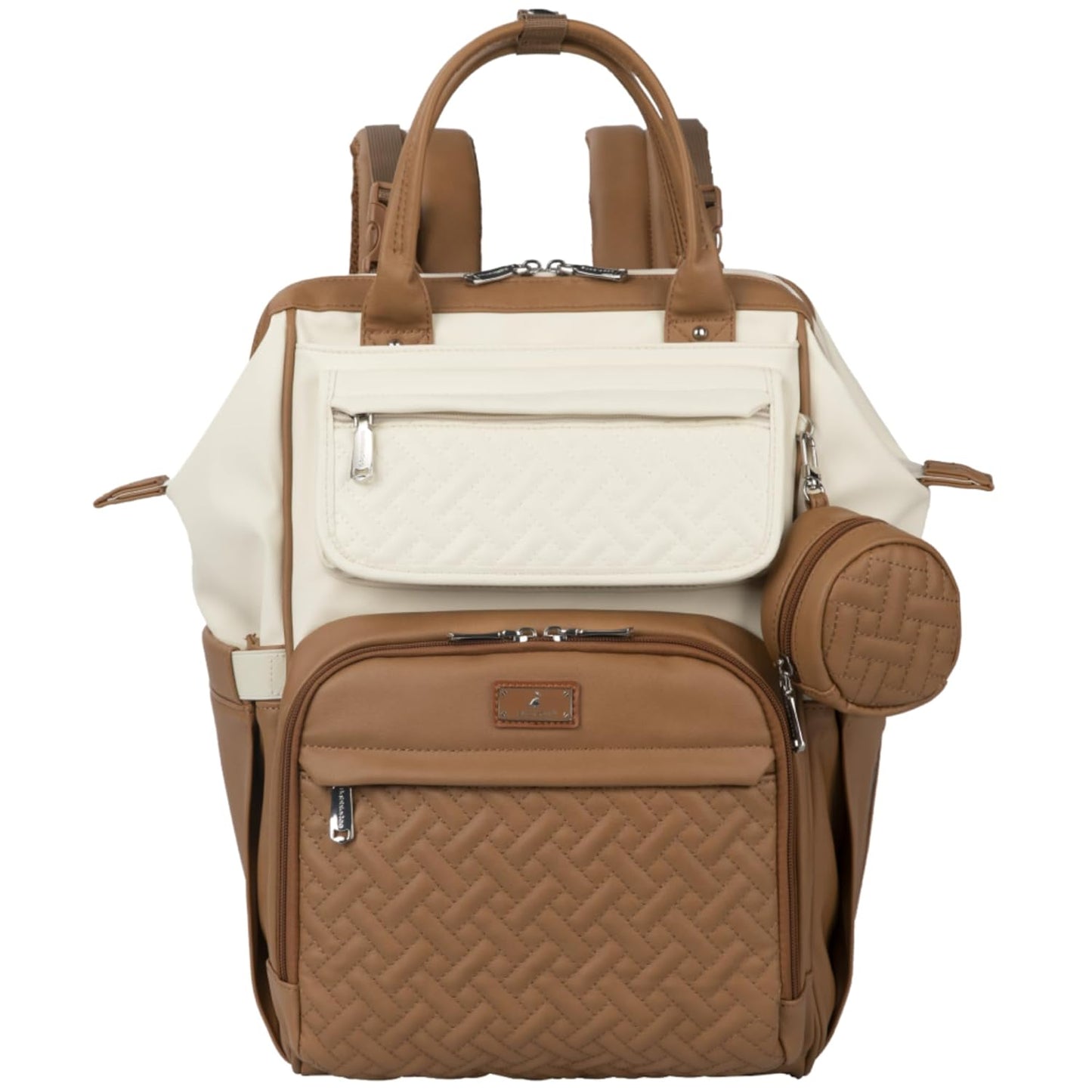 BabbleRoo Leather Diaper Bag Backpack, Multifunction Large Bags with Changing Pad & Stroller Straps & Pacifier Case, Unisex Stylish Travel Back Pack Nappy Changing Bag for Moms Dads (Caramel Cream)