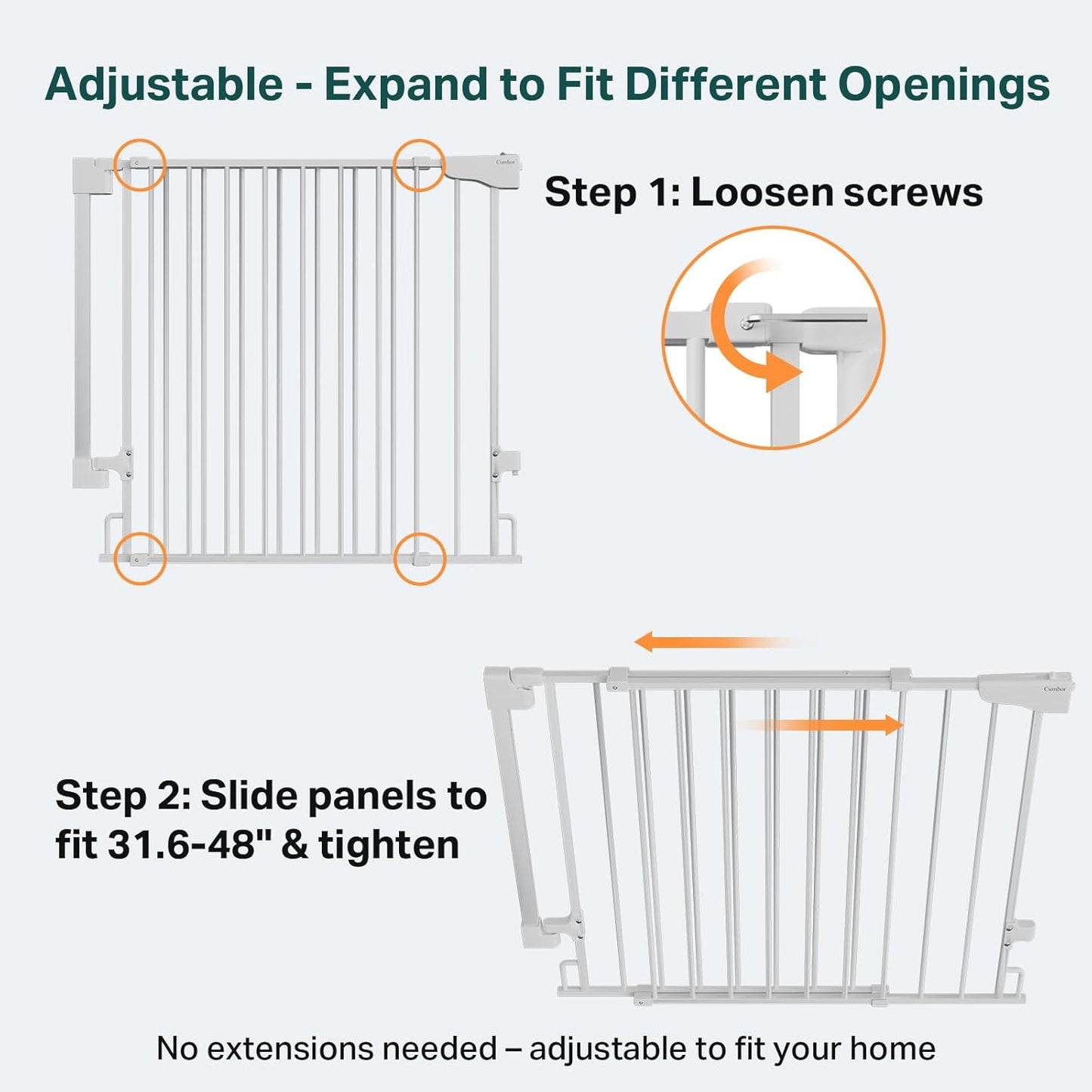 Cumbor 34" Extra Tall Baby Gate for Stairs, Wall-Mounted (Drill Required), Expandable 31.6-48" No Bottom Bar Dog Gate Indoor for Larger Pets, Large Walk Thru Door for Easy Access (White)