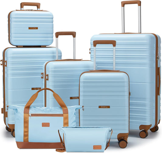Luggage Sets with spinner wheels, PC+ABS Hard Shell Travel Luggage,Lightweight Carry-on suitcases with TSA Lock,YKK Zippers (Light Blue, 7 piece sets（14/18/20/24/28/DB/TB）)
