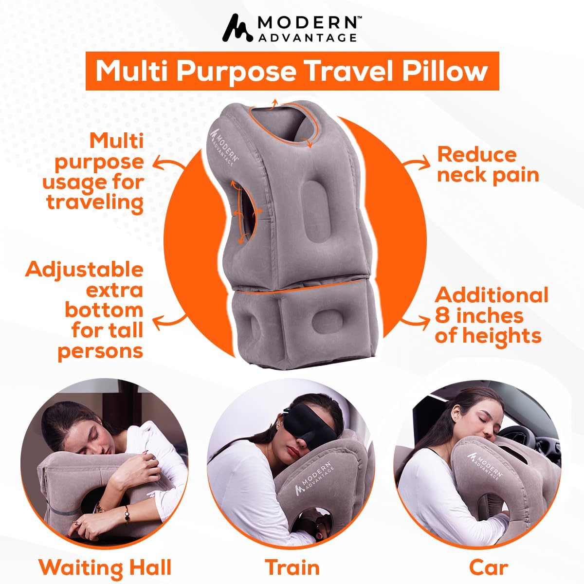 Modern Advantage Inflatable Travel Pillow for Airplanes with Adjustable extra Bottom, Support head & chin to avoid Neck & Shoulder Pain for Travelling office napping with Eye Mask & Earplug, Pack of 2