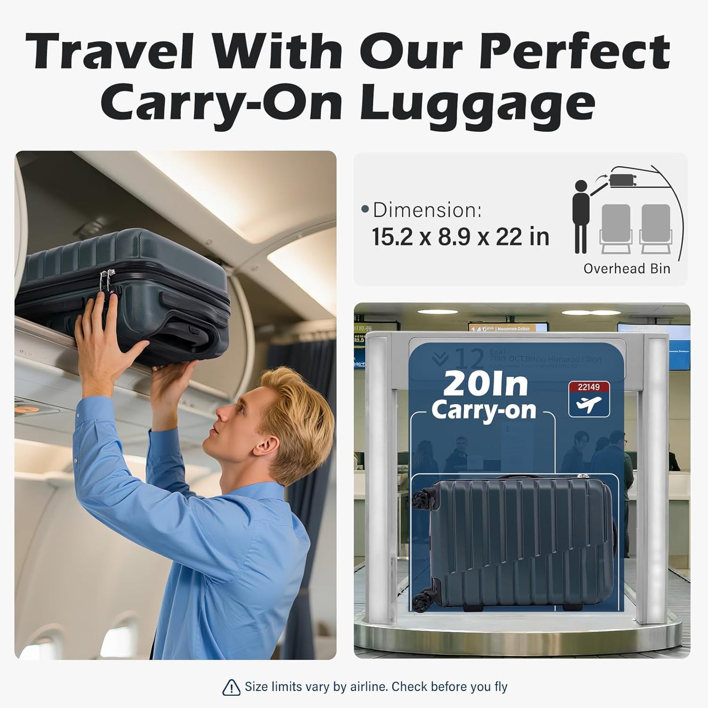 Coolife Carry On Luggage Airline Approved with Wheels Hard Shell Suitcase Spinner TSA Lock Telescopic Handle 20-inch,Blue