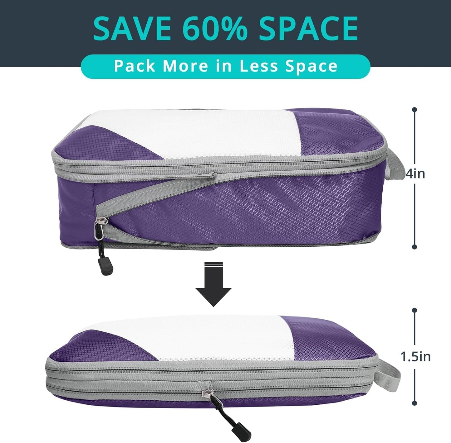 Compression Packing Cubes 3 Set, Compressible Space-Saving Packing Cubes for Travel - Compression Bags, Luggage Organizer, Travel Essentials for Women, Purple