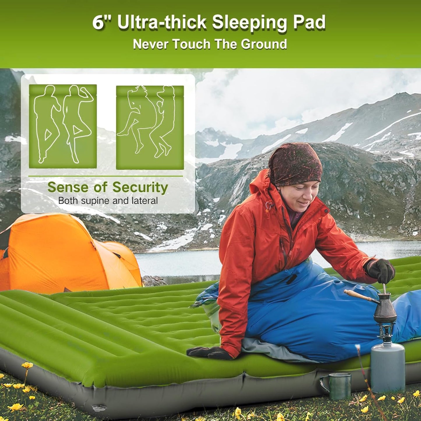 Double Sleeping Pad Camping, Self Inflating 6'' Extra-Thick 2 Person Pillow Built-in Foot Pump Waterproof Inflatable Sleeping Mat Backpacking, Tent, Hiking, Portable Camping Pad (Yellow Grey)