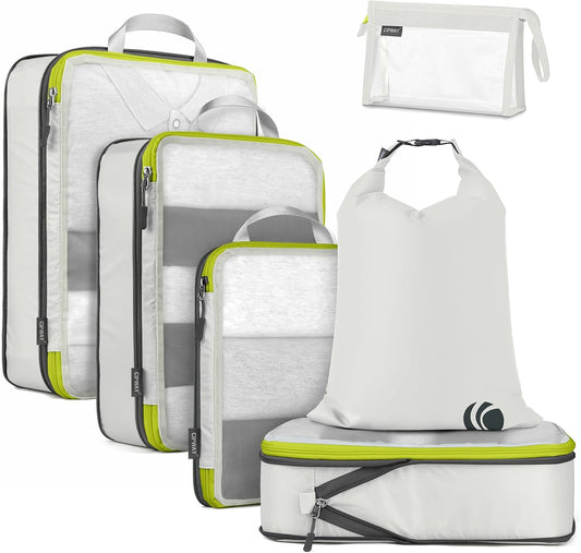 Cipway Compression Packing Cubes, See Through Mesh Luggage Organizer Bags, Travel Essentials for Carry on Suitcase with Laundry Bag and Clear Toiletries Bag（6 Pcs,White）