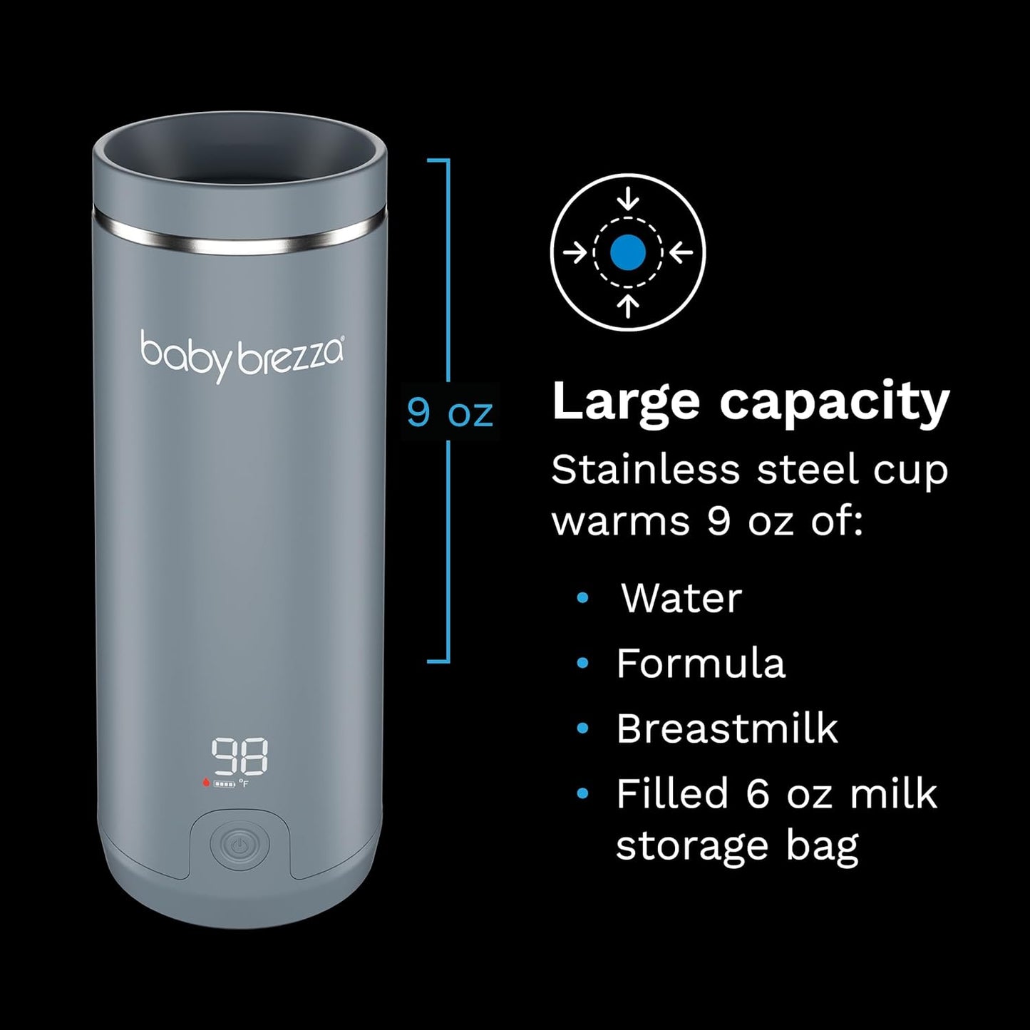 Baby Brezza SuperFast Portable Baby Bottle Warmer – 67% Faster - Travel Breastmilk Warmer and Formula Warmer - Safe, Even Heating - Up to 9oz - No Adapters, Grey
