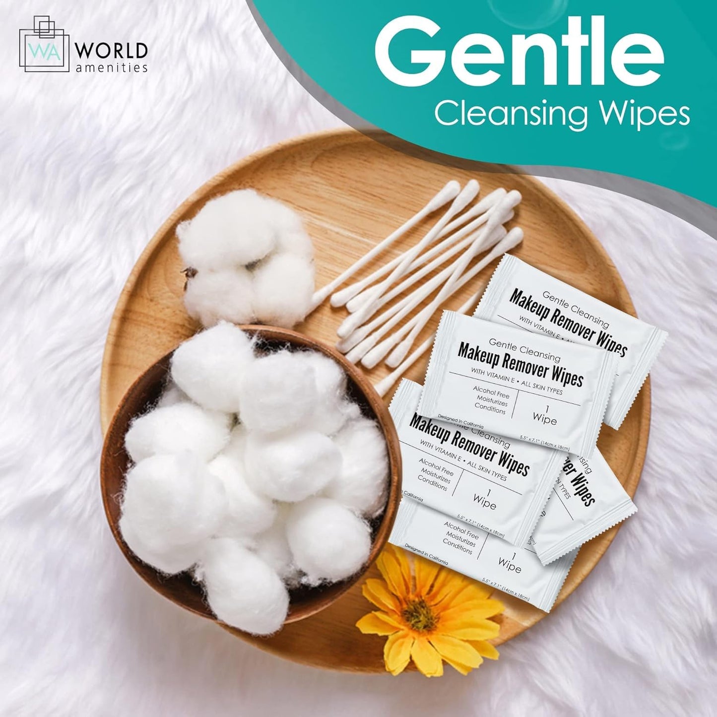 World Amenities - Bulk Makeup Remover Wipes | 500 Count| Individually Wrapped, Gentle Cleansing, Alcohol Free - All Skin Types - Vitamin E - 100% Recyclable, Hotel Travel Size Toiletries