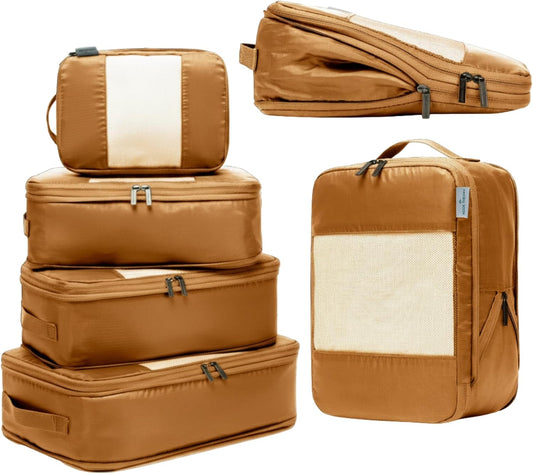 6-Pack Compression Packing Cubes Travel Essentials - Lightweight, Water-Resistant Luggage Organizer Bags with Handles, Durable Travel Accessories Suitcase Organizer (Caramel)