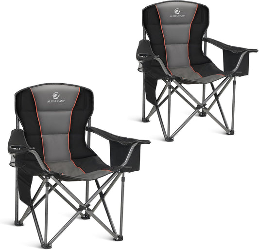 ALPHA CAMP Oversized Camping Folding Chair, Heavy Duty Support 450 LBS Steel Frame Collapsible Padded Arm Chair with Cup Holder Quad Lumbar Back, Portable for Outdoor