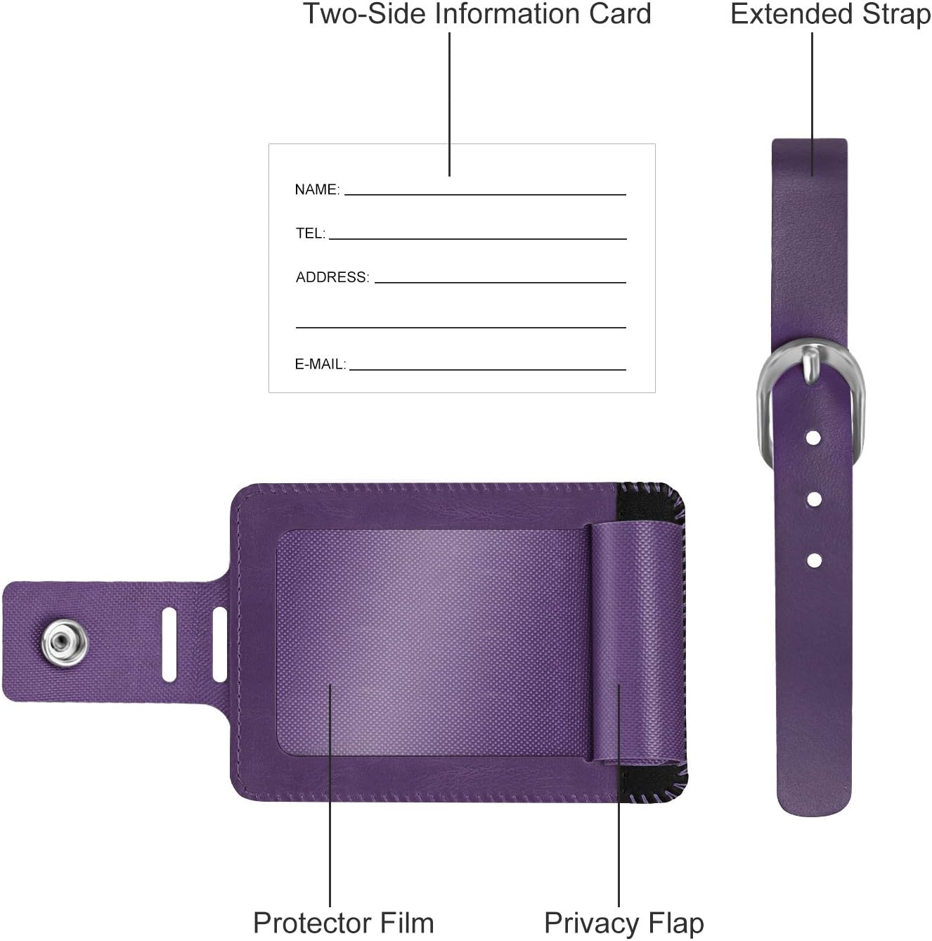 FINTIE 2 Pack Luggage Tags, Leather Name ID Labels with Privacy Cover for Travel Bag Suitcase, Theme - Genuine Leather-Purple