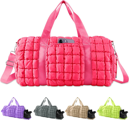 Quilted Travel Duffle Bag Gym Bag for Women,Large Puffer Duffle Weekender Bag with Compartment,Workout Overnight Carry on Organizer Bag Duffle Bag for Airplane Travel(Rosered)