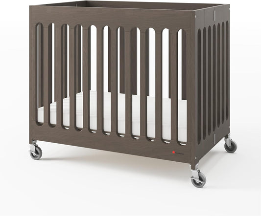 Foundations Boutique Folding Mini Baby Crib - Compact, Portable, Wooden Hotel Crib, Foldable Mini Crib for Baby & Toddlers - Includes 3" Foam Mattress, Dapper Gray