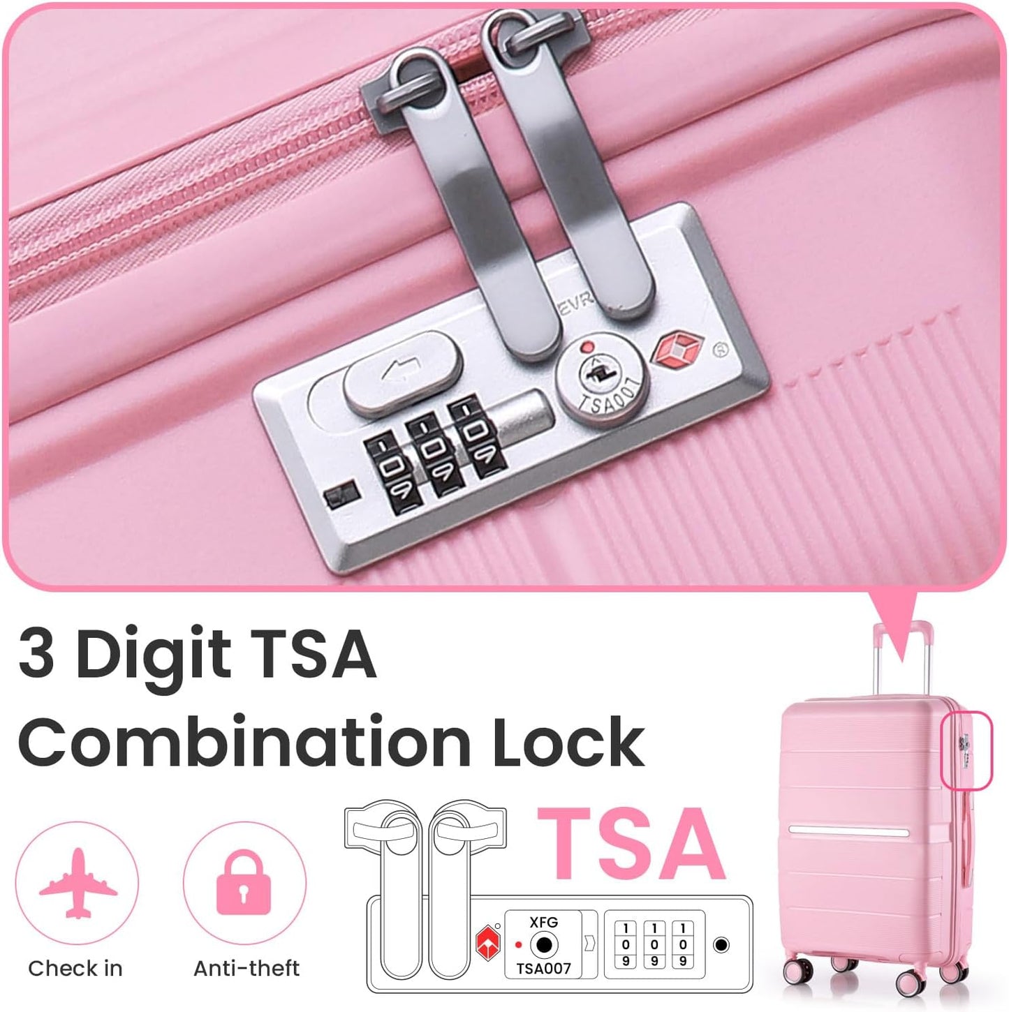 Campfun Luggage 4 Piece Sets, Expandable Carry On Luggage Set Hardshell PP, Suitcase Set with Double Spinner Wheels, Checked Durable Lightweight with TSA Lock, 14in 20in 24in 28in-Pink(A)